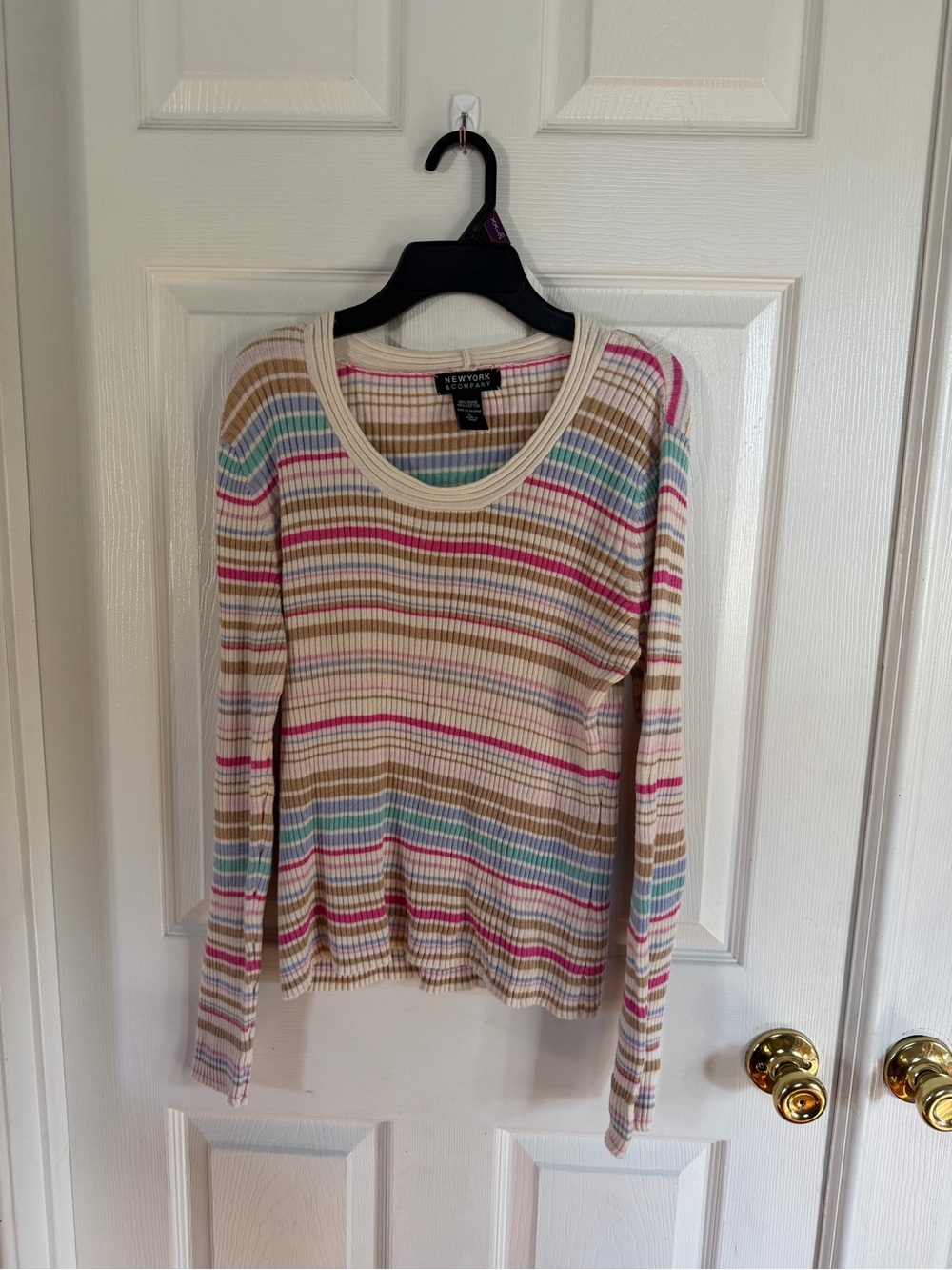 New York & Company Vintage Y2K Striped Ribbed Knit Sweater Scoop Neck Pullover